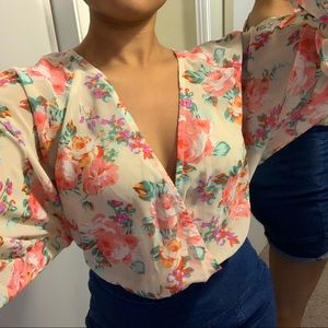 Floral Deep Plunge Sheer Blouse